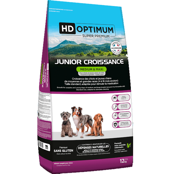 croquettes pour chien hd-optimum-Medium-Maxi-Junior-Croissance 12kg lowres favoriser la croissance des chiots et jeunes chiens