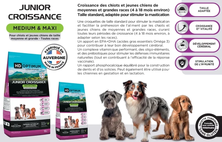 Croquettes fabriquées en france pour-chien-hd-optimum-Medium-Maxi-Junior-Croissance. Croquettes naturelles pour chiots et vieux chiens