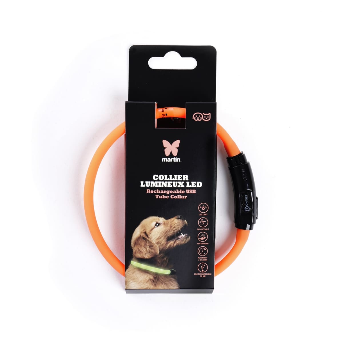 collier-chien-lumineux-tube-usb-orange-martin-boutique os et patoune